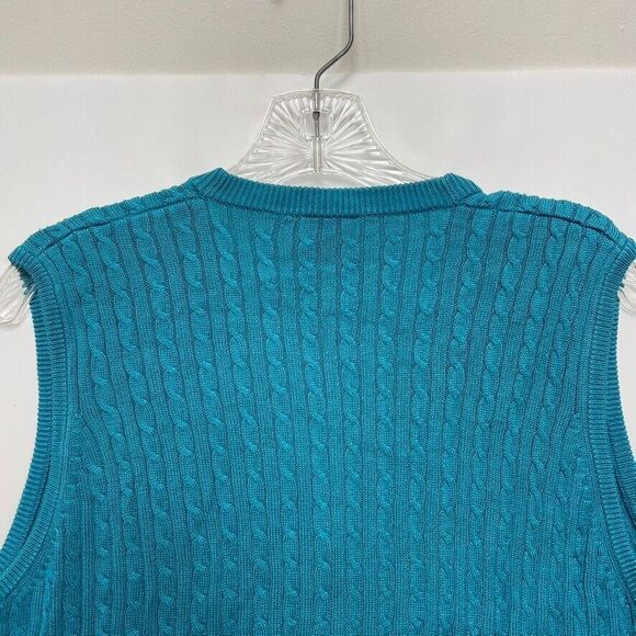 Vintage 90s Tail XL Teal Silk Cable-Knit Sweater Vest V-Neck Mother of Pearl - Picture 8 of 10